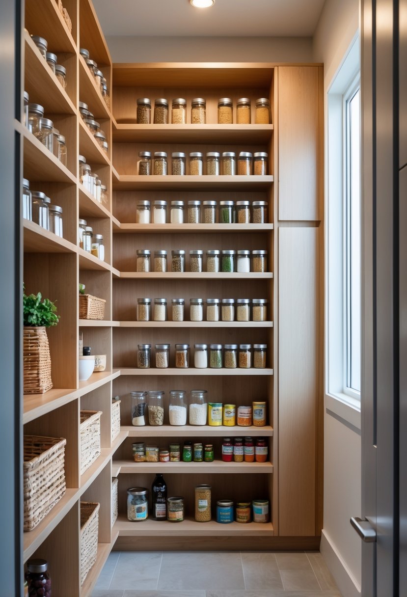 A pantry closet with built-in spice racks holding glass spice jars, neatly organized shelves, and various storage containers.