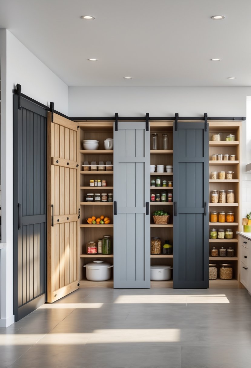 A kitchen pantry closet area with multiple sliding barn doors in different styles, some open to show organized shelves with food and kitchen items.