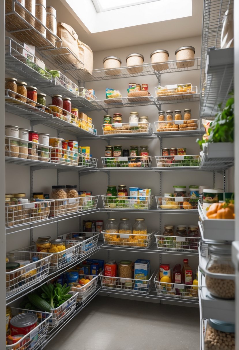 A pantry closet with multiple wire basket storage units filled with various food items neatly organized on shelves.