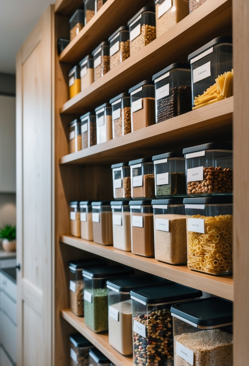 A neatly organized pantry closet with clear storage containers filled with various dry foods arranged on wooden shelves.
