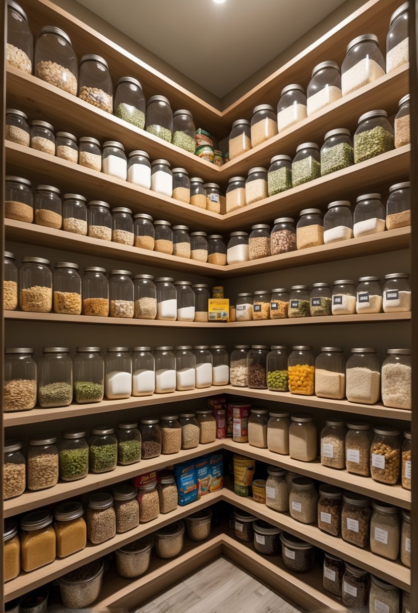 Deep pantry shelves filled with organized bulk food containers and jars in a pantry closet.