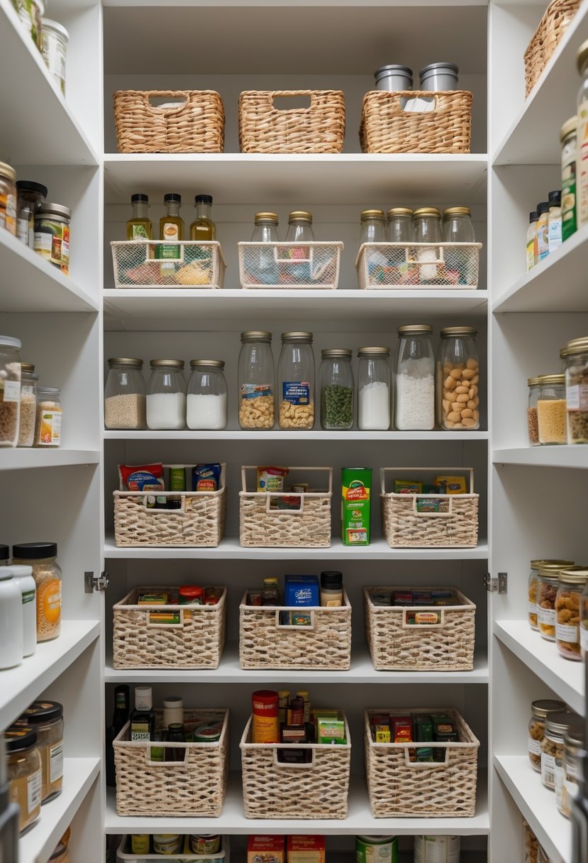 A pantry closet with 15 under-shelf baskets holding various kitchen items and neatly organized shelves.