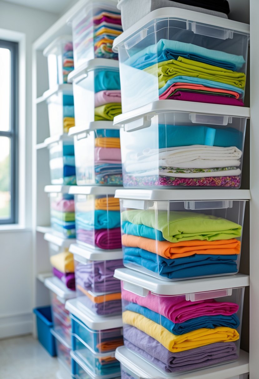 Clear plastic bins with lids filled with folded fabrics neatly arranged on white shelves in a bright room.