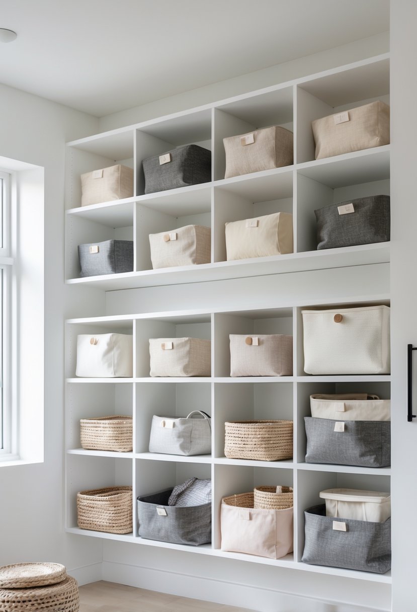 Wall-mounted shelves with fabric storage bins neatly arranged to maximize vertical storage space in a bright room.
