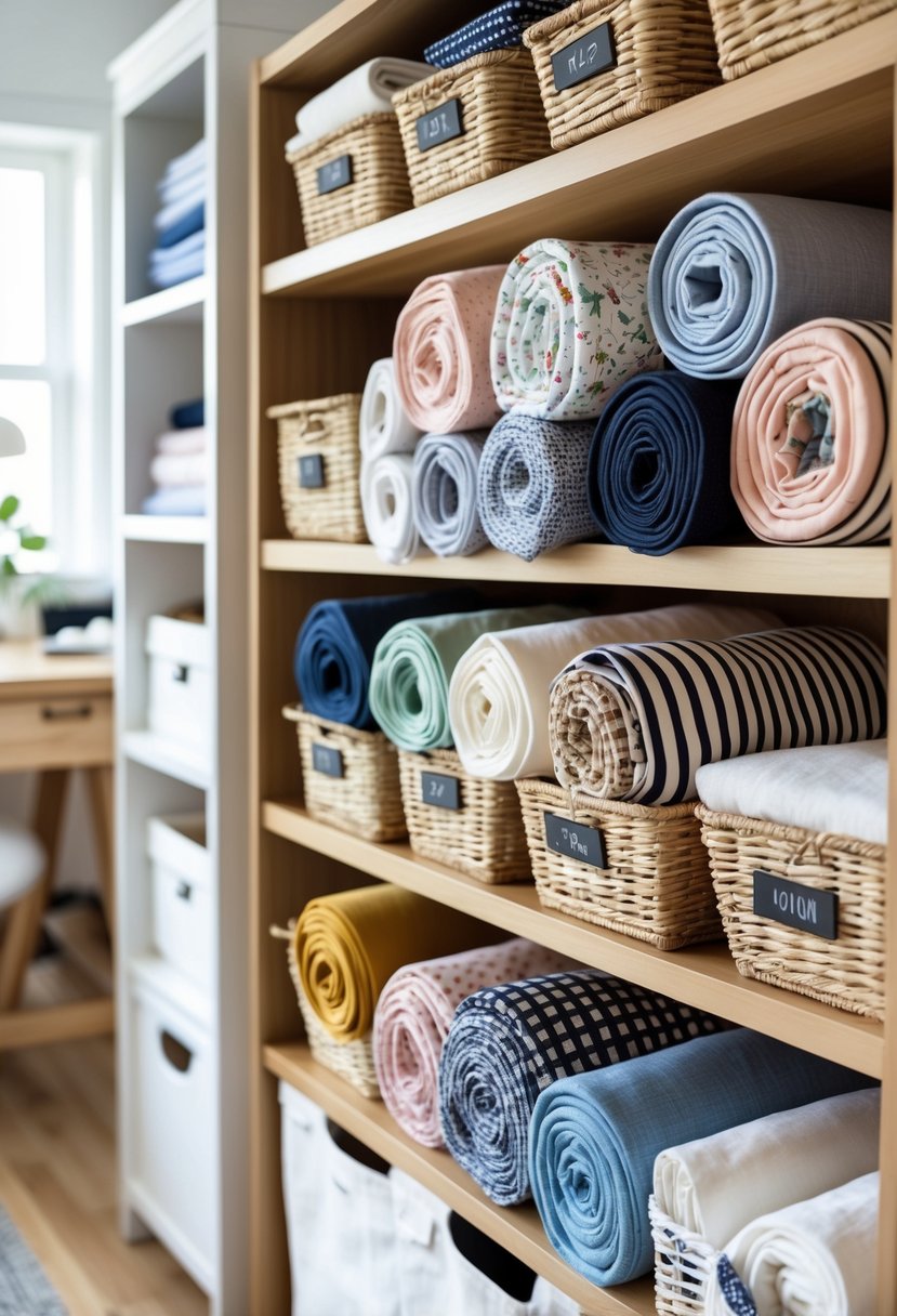 Neatly rolled fabric remnants stored in labeled woven baskets on wooden shelves in a bright, organized craft room.