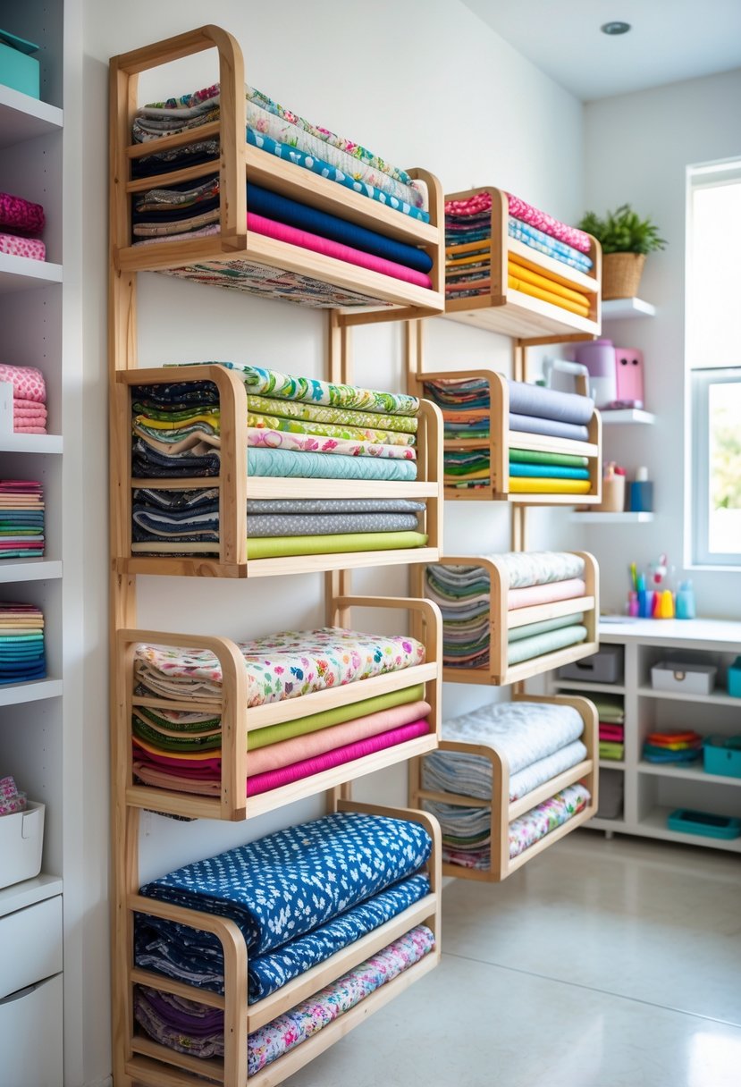 A neatly organized fabric storage area with colorful fabrics stacked in magazine racks on a wall in a bright craft room.