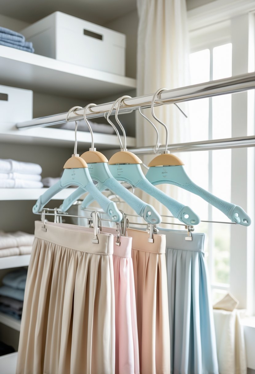 Closet with skirts hanging neatly on skirt hangers to prevent wrinkles, surrounded by folded clothes and storage boxes.