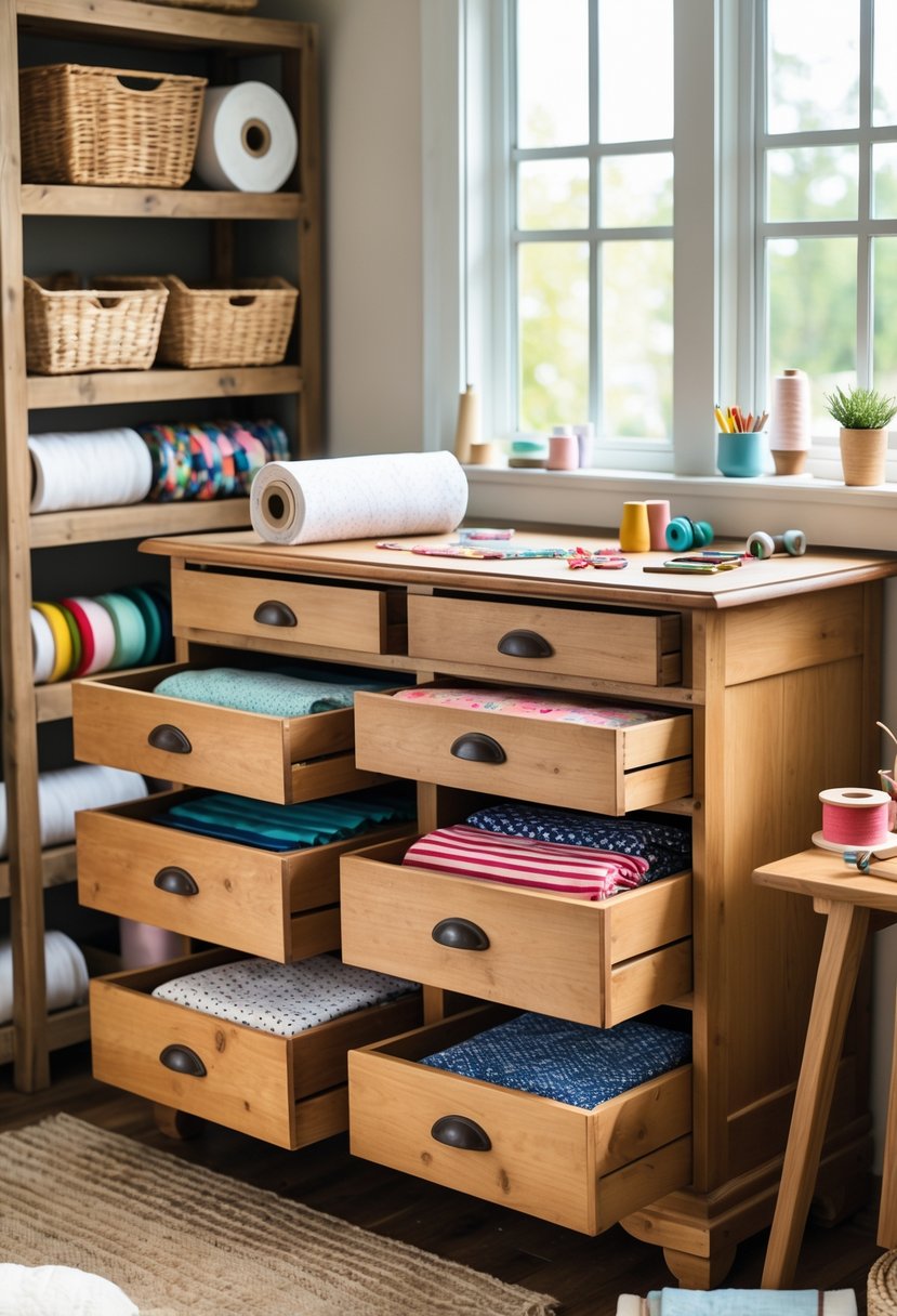 A wooden dresser with divided drawers filled with neatly folded colorful fabrics in a bright craft room with sewing supplies and shelves in the background.