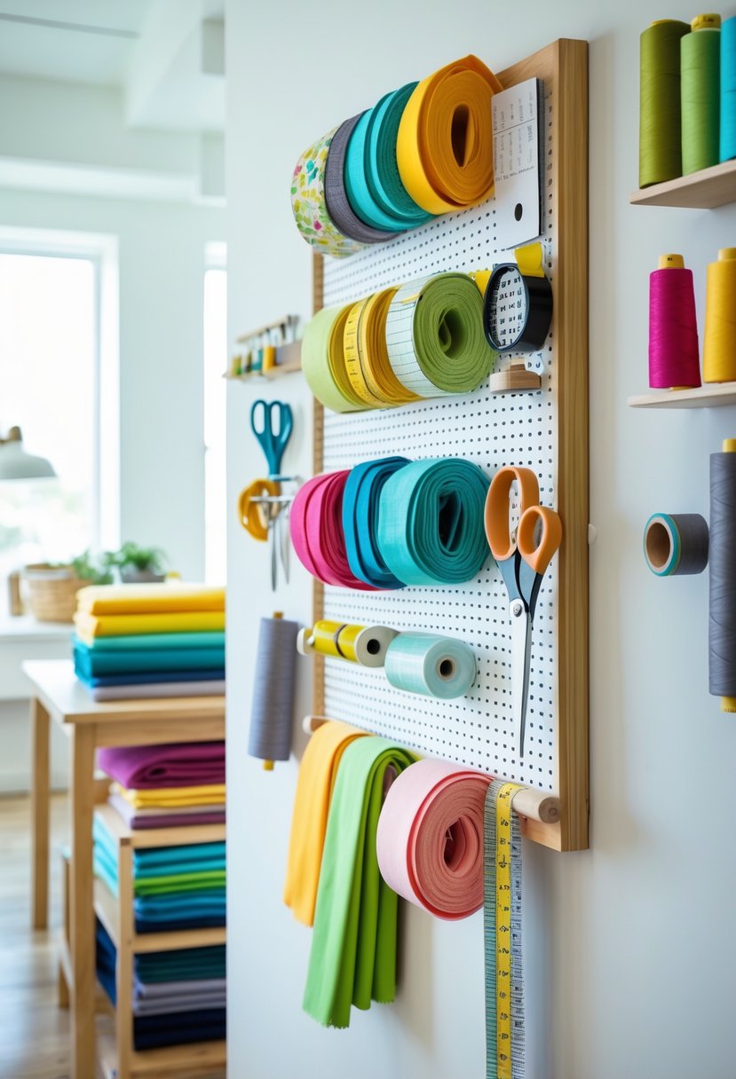 A pegboard on a wall holding fabric and sewing tools in a neatly organized craft room.