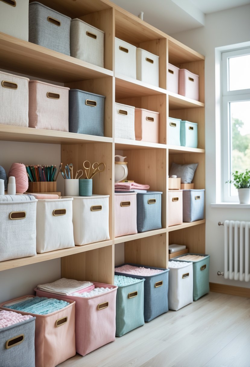 Fabric storage cubes neatly arranged on shelves in a bright craft room with various craft supplies organized inside.