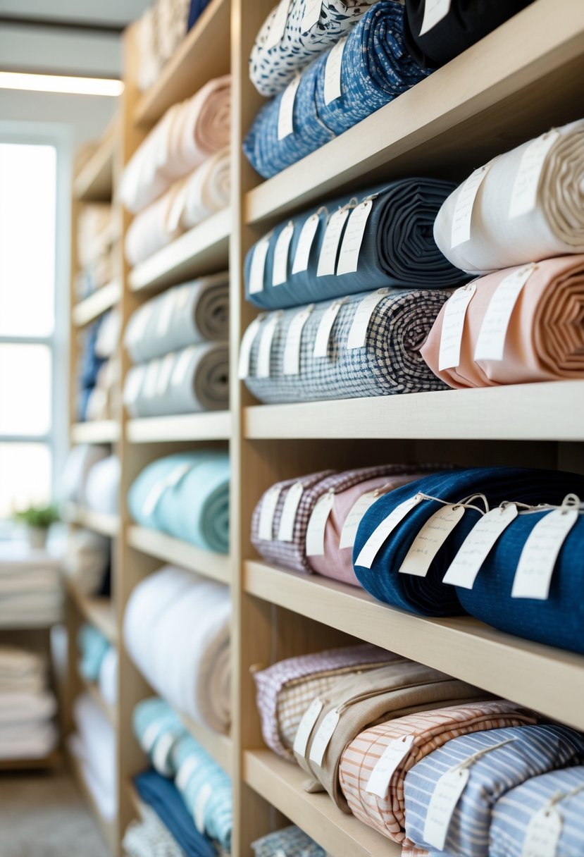Neatly organized fabric bundles tied with tags indicating type and yardage on wooden shelves in a bright storage area.