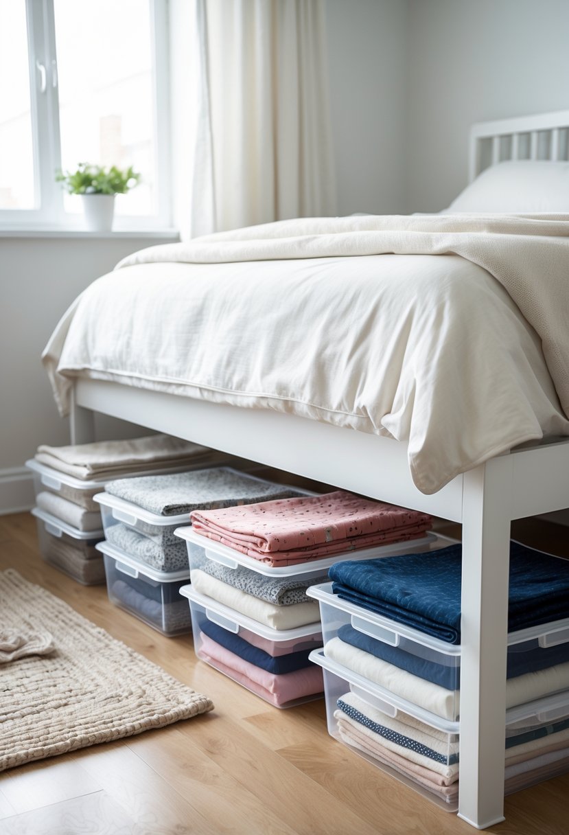 A bedroom with under-bed storage boxes filled with folded fabric neatly arranged under a bed.