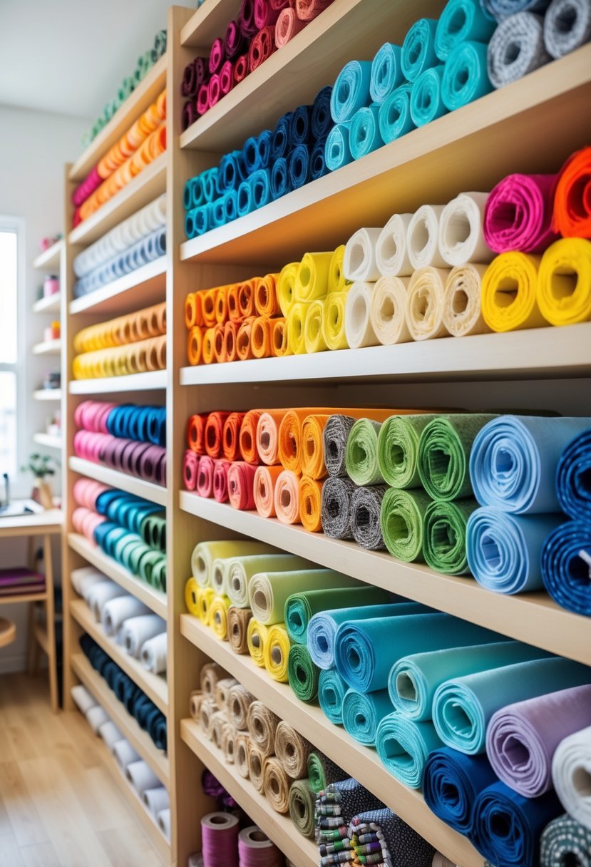 Shelves filled with neatly organized fabric rolls and folded fabrics arranged by color in a craft room.