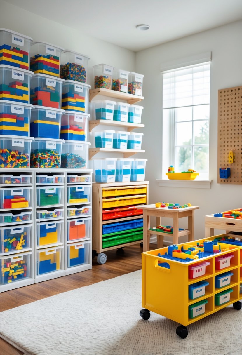 A children's playroom with various organized LEGO storage solutions including bins, drawers, shelves, and containers filled with colorful LEGO bricks.