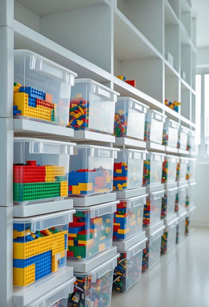 Stackable clear plastic bins filled with colorful LEGO bricks arranged neatly on white shelves in a bright room.