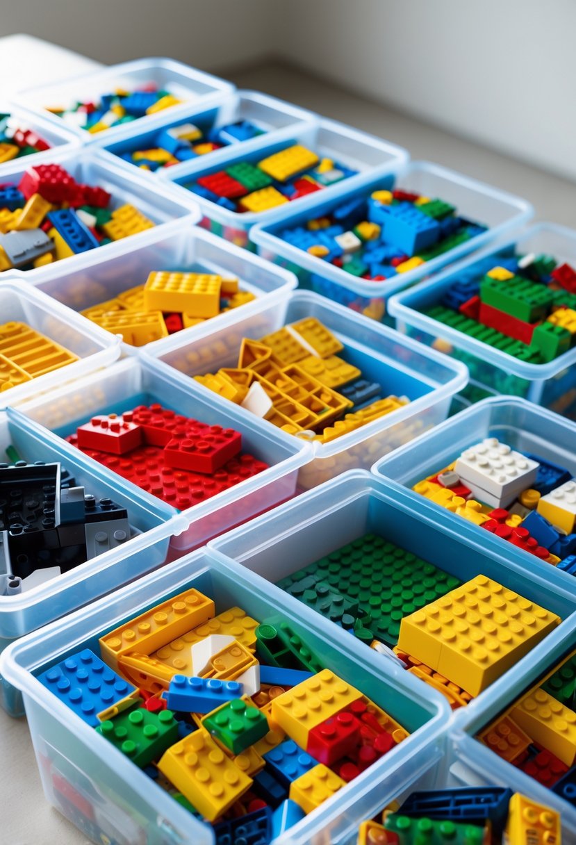 Clear divided storage tubs filled with LEGO bricks sorted by color on a clean workspace.