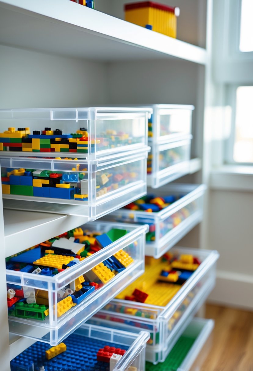Clear plastic drawers filled with colorful LEGO pieces neatly organized on a white shelf.