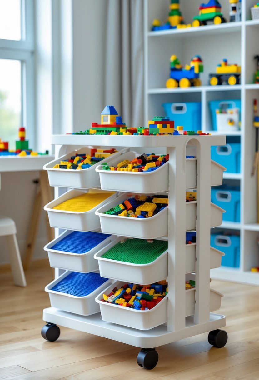 A multi-tier rolling cart organizer filled with colorful LEGO bricks and small LEGO models in a bright playroom.