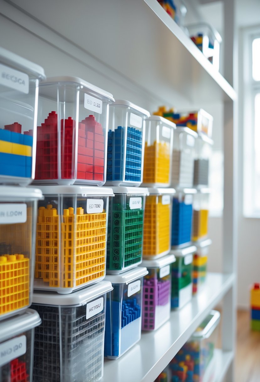 Clear plastic containers filled with sorted colorful LEGO bricks neatly arranged on white shelves.
