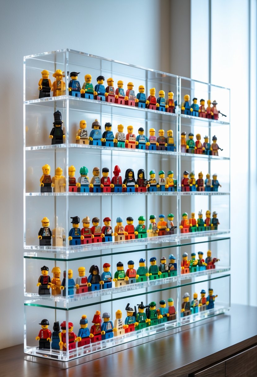 A display case filled with neatly arranged colorful Lego minifigures on clear shelves against a white wall.