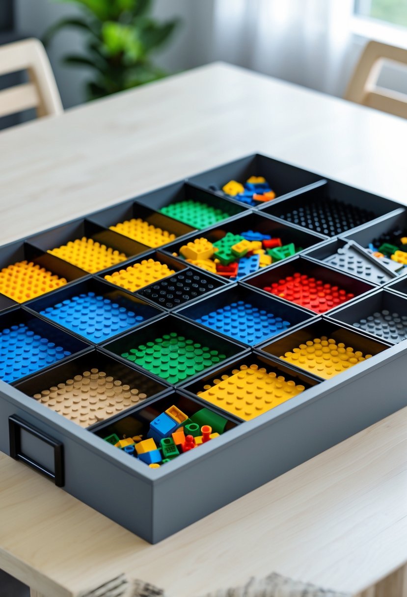 A tray with removable dividers holding organized colorful Lego bricks on a wooden table.