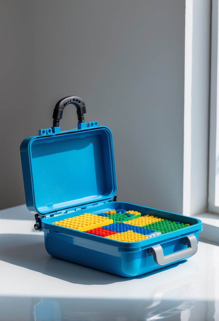 A portable Lego travel bin with a handle filled with colorful Lego bricks on a clean surface.