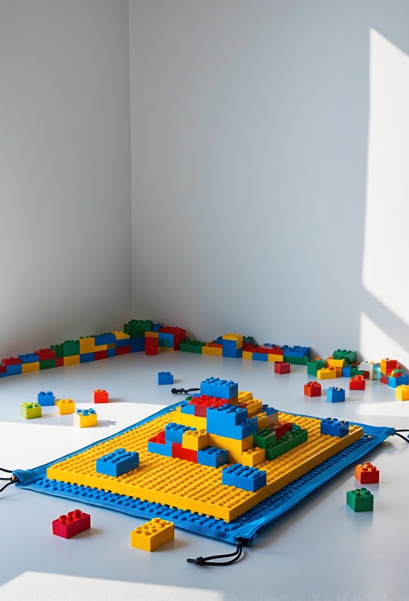 A Lego brick storage mat with drawstring laid flat, filled with colorful Lego bricks on a clean surface.