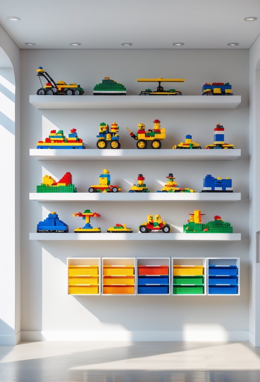 Wall-mounted shelves displaying colorful Lego models and organized Lego storage containers in a bright room.
