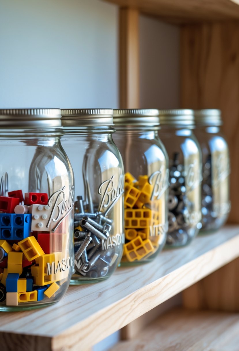 Several clear mason jars filled with small parts like LEGO bricks and hardware, mounted on a wooden board in an organized workspace.