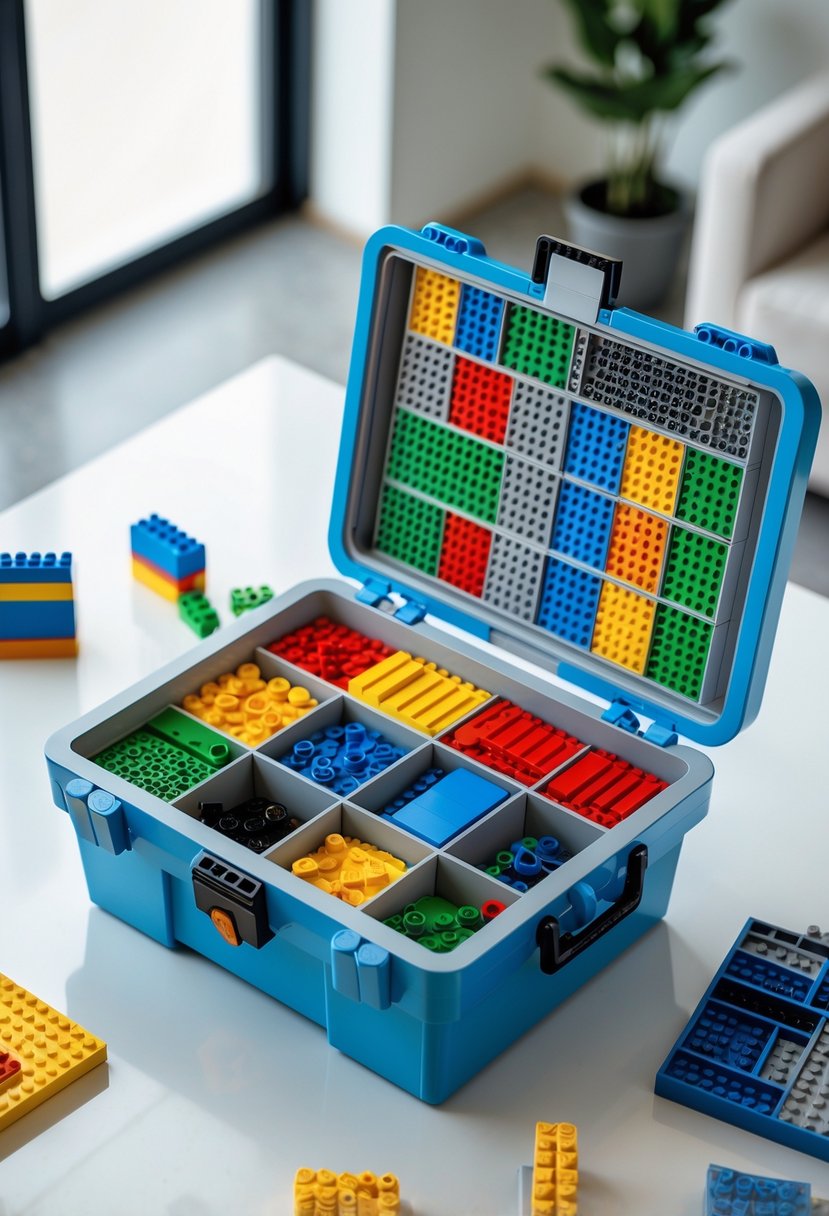 An open Lego storage chest with a lockable lid showing sorted Lego pieces inside, placed on a clean surface with scattered Lego bricks around it.