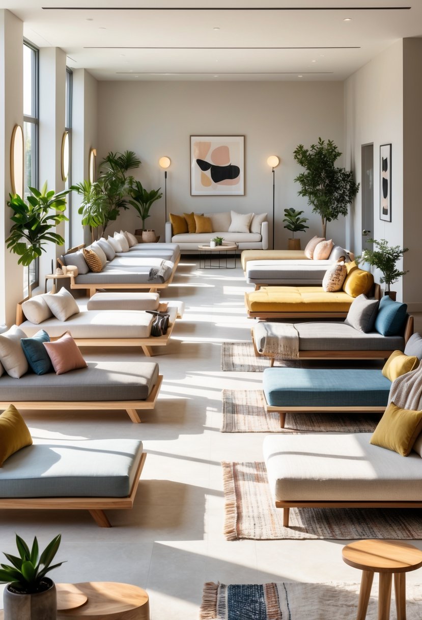 A bright living room displaying fifteen different daybeds with cushions and decorative elements arranged neatly.