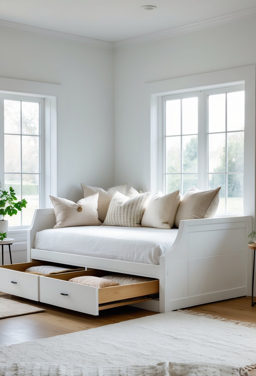 A neatly made daybed with built-in storage drawers in a bright room with natural light.