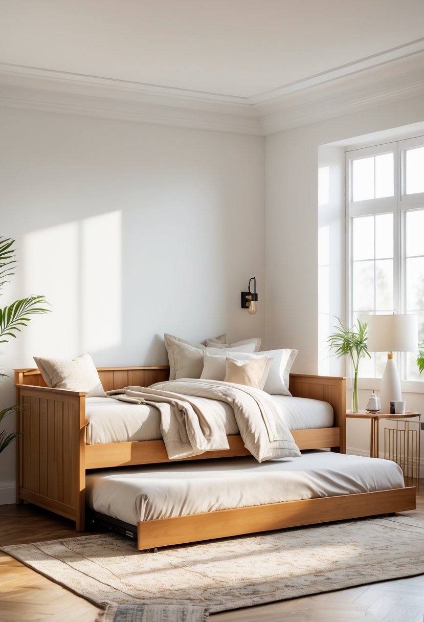 A bright bedroom with a trundle daybed partially pulled out, showing extra sleeping space.