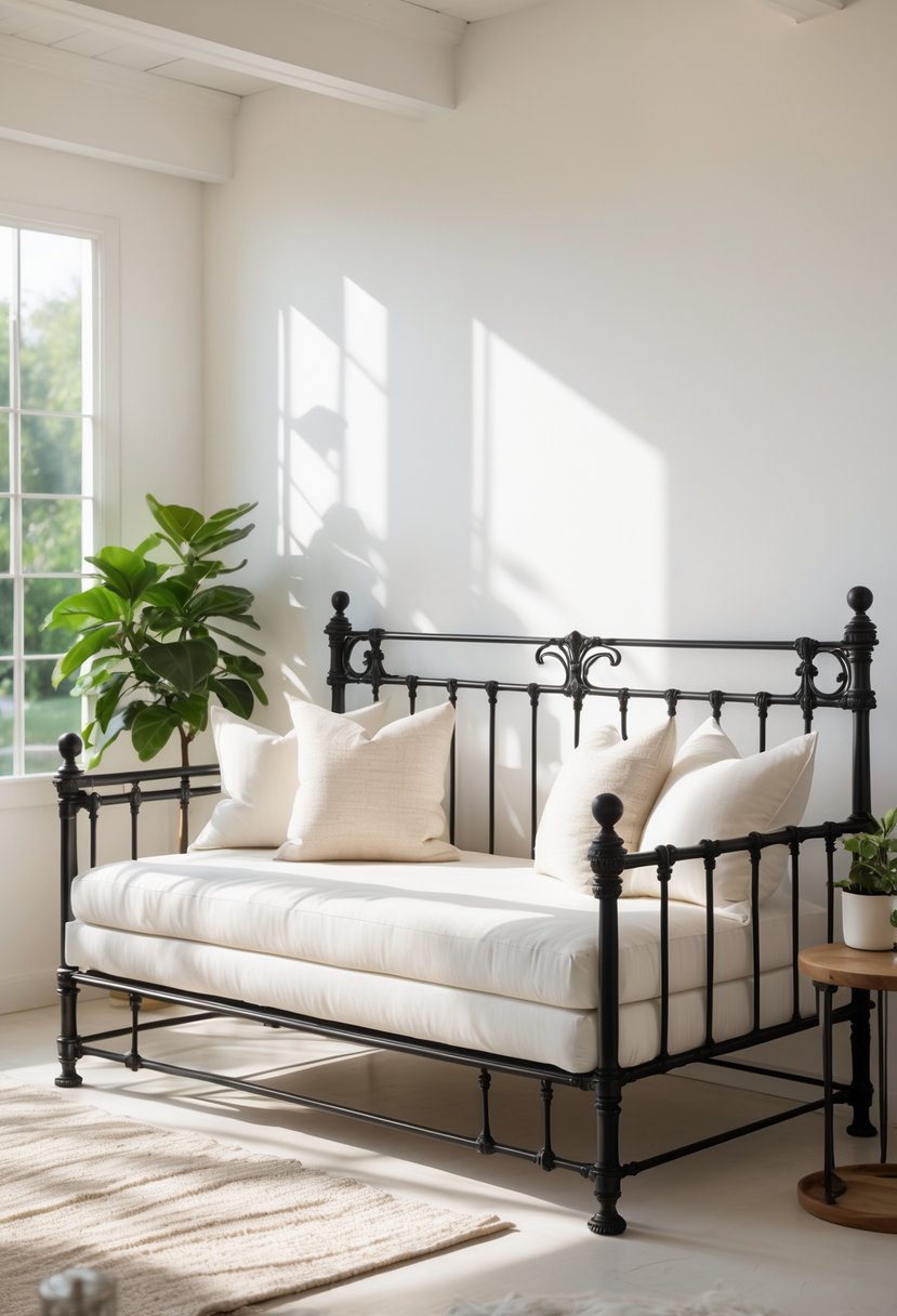 A black iron frame daybed with white cushions and pillows in a bright living room with natural light and simple decor.