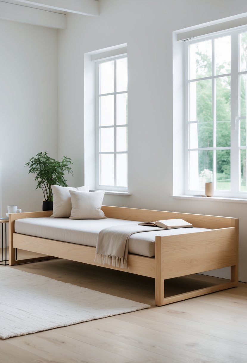 A wooden daybed with cushions and a throw blanket in a bright room with a plant, side table, and rug.