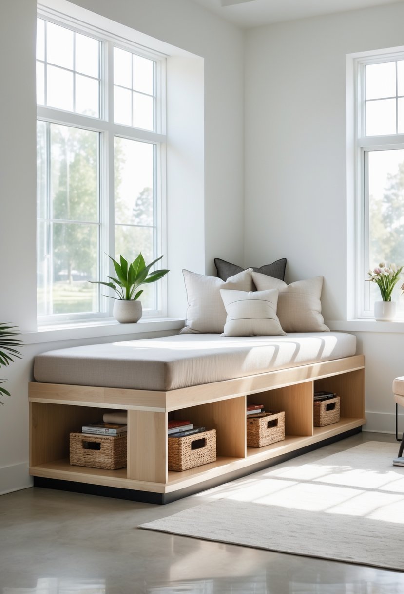 A modern daybed with shelves underneath holding books and decorative items in a bright living room.