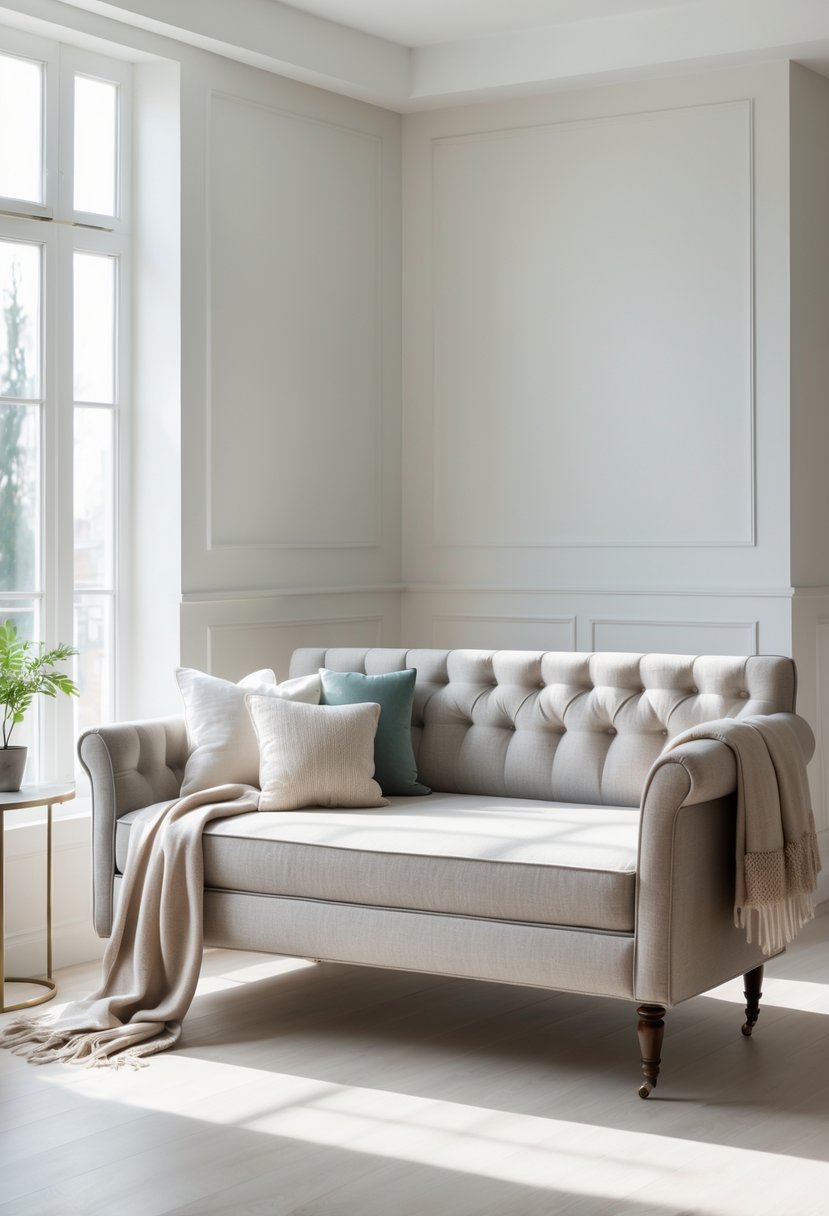 An upholstered daybed with a tufted backrest in a bright room with natural light and simple decor.