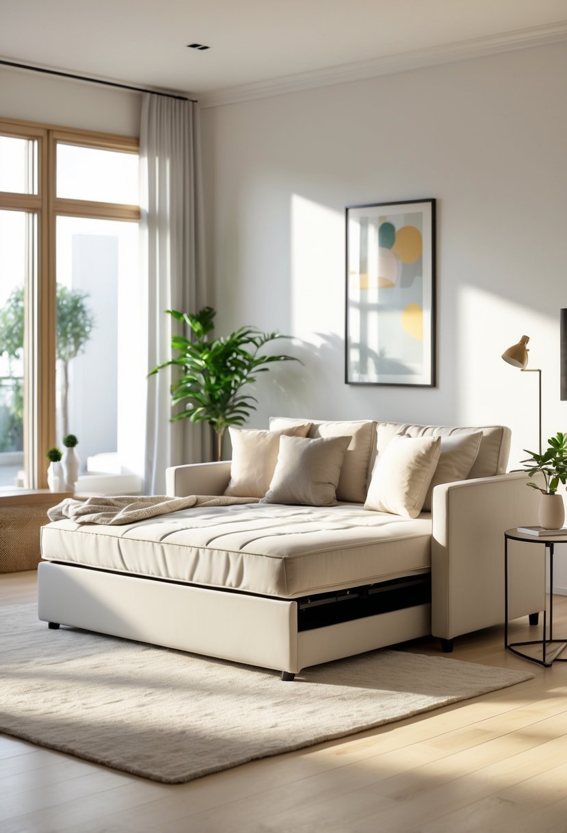A convertible daybed sofa in a bright living room with cushions, a throw blanket, a side table with a plant, and a floor lamp.