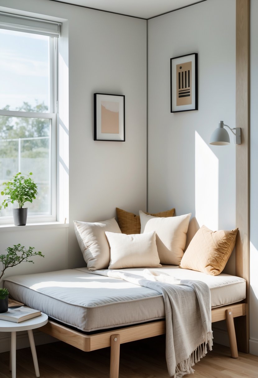 A cozy corner daybed with cushions and a throw blanket in a small room with natural light, a side table with a plant, and light wooden flooring.