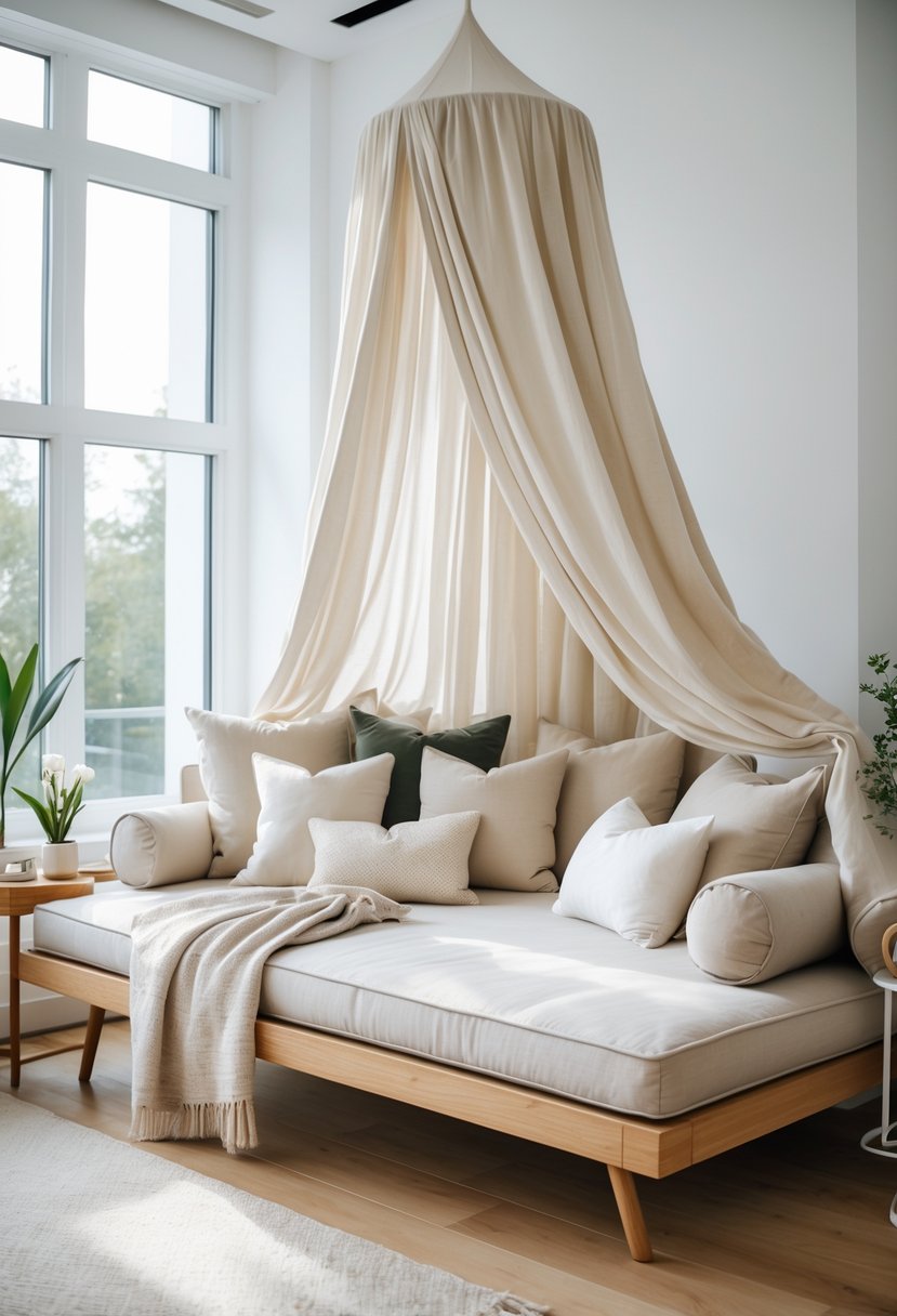 A daybed with a canopy in a bright room, decorated with cushions and a throw blanket.