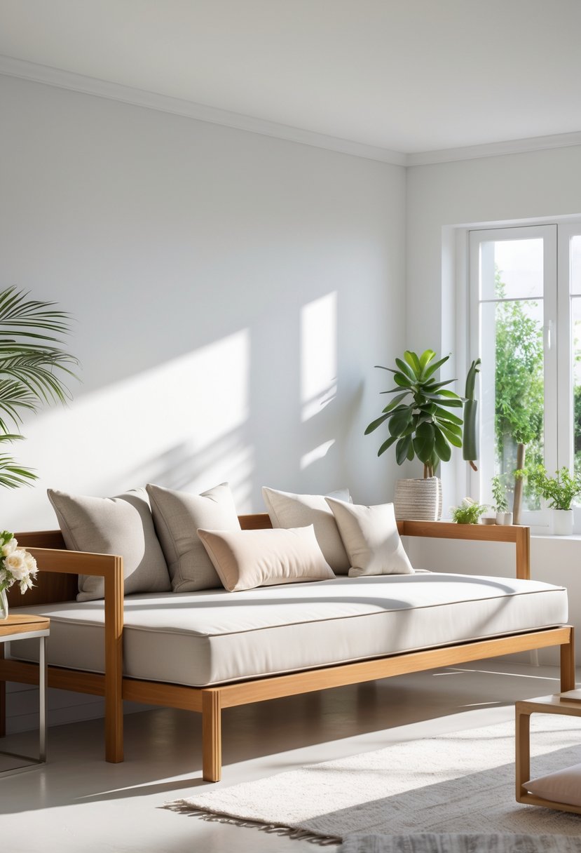A modern living room with a wooden daybed, cushions, plants, and natural sunlight.