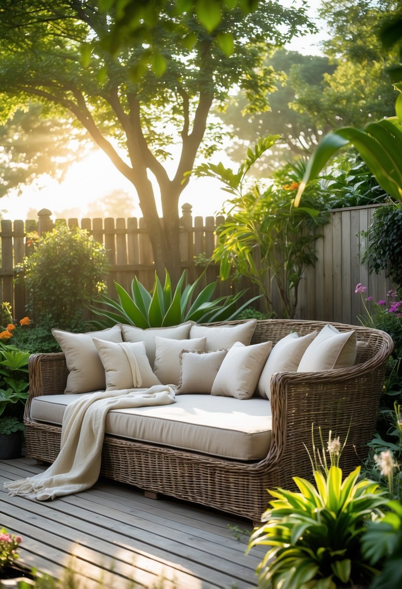 Outdoor wicker rattan daybed with cushions and pillows surrounded by plants in a garden setting.