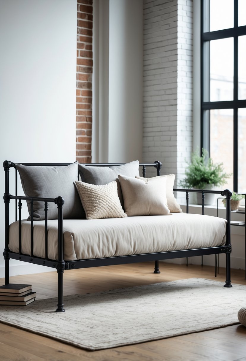 A metal daybed with cushions and pillows in a bright room with brick walls and wooden floors.