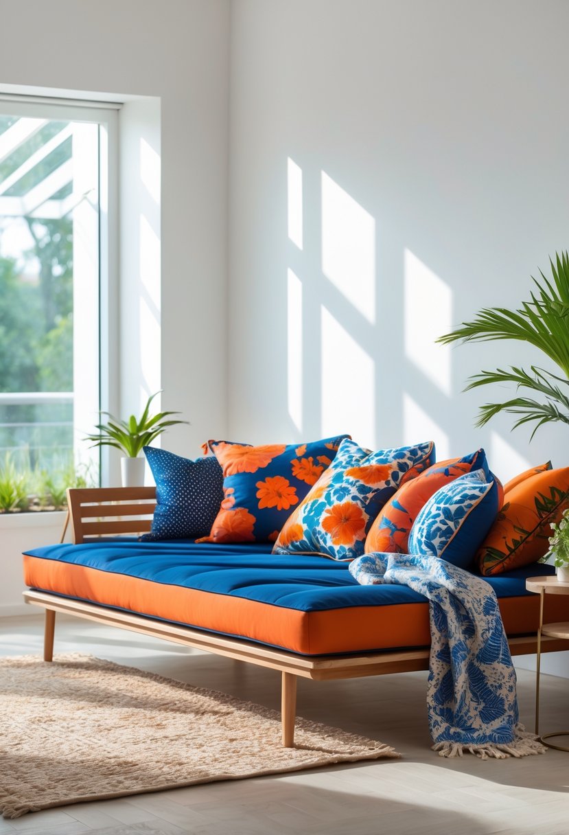 A daybed with colorful patterned cushions in a bright living room with natural light.