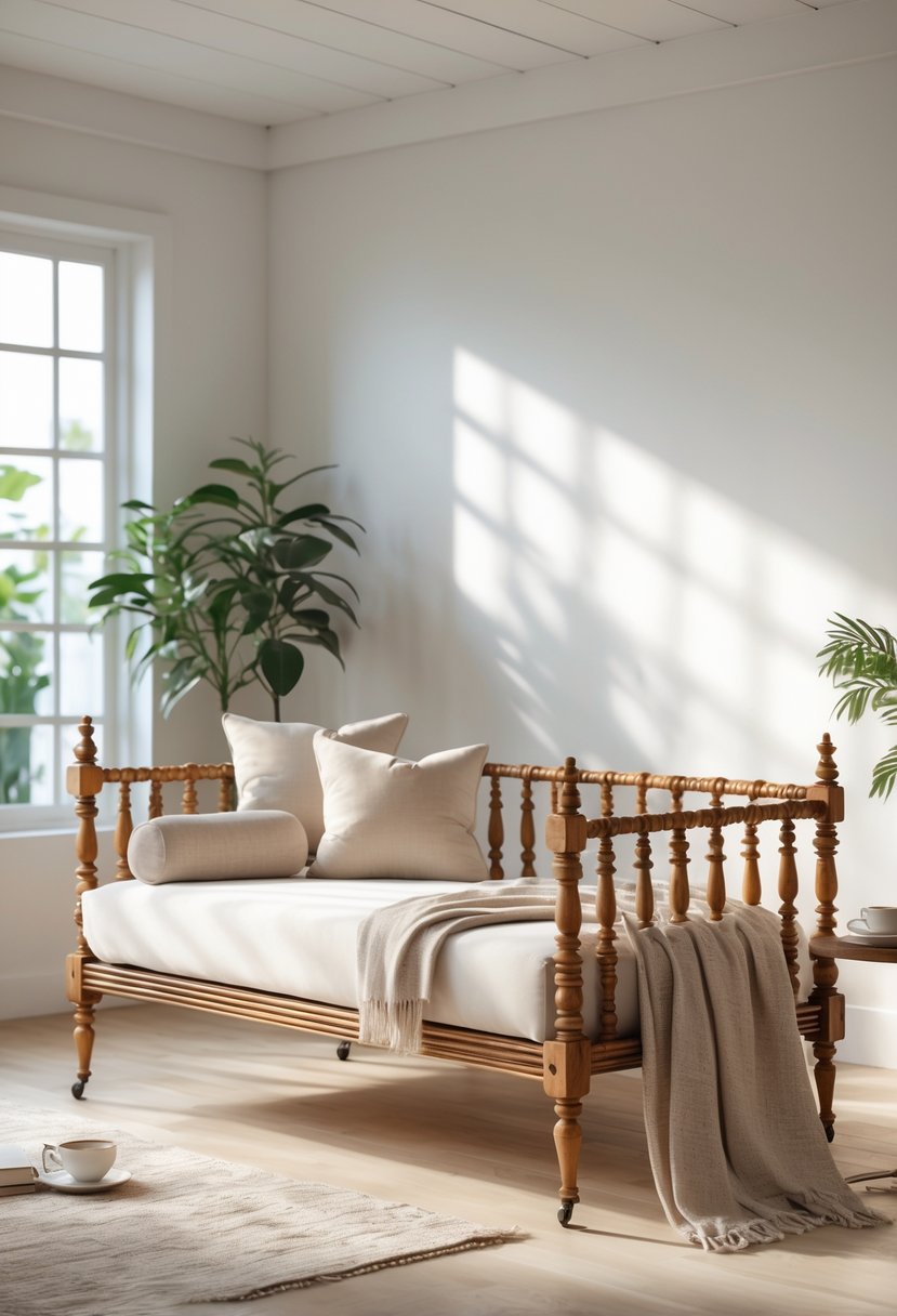 A daybed with spindle legs in a bright room with cushions and a throw blanket, next to a small table with a book and a cup.
