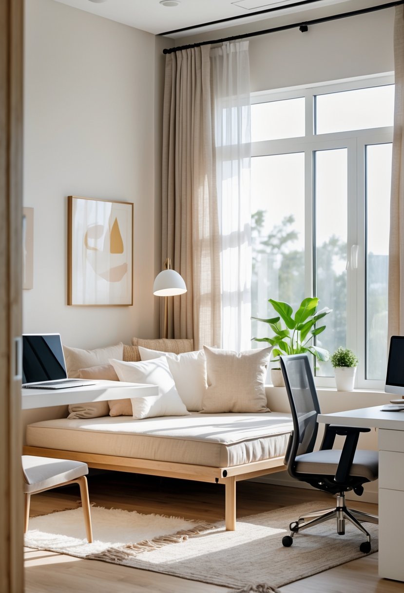 A bright office guest room with a daybed, desk, chair, plants, and large windows letting in natural light.