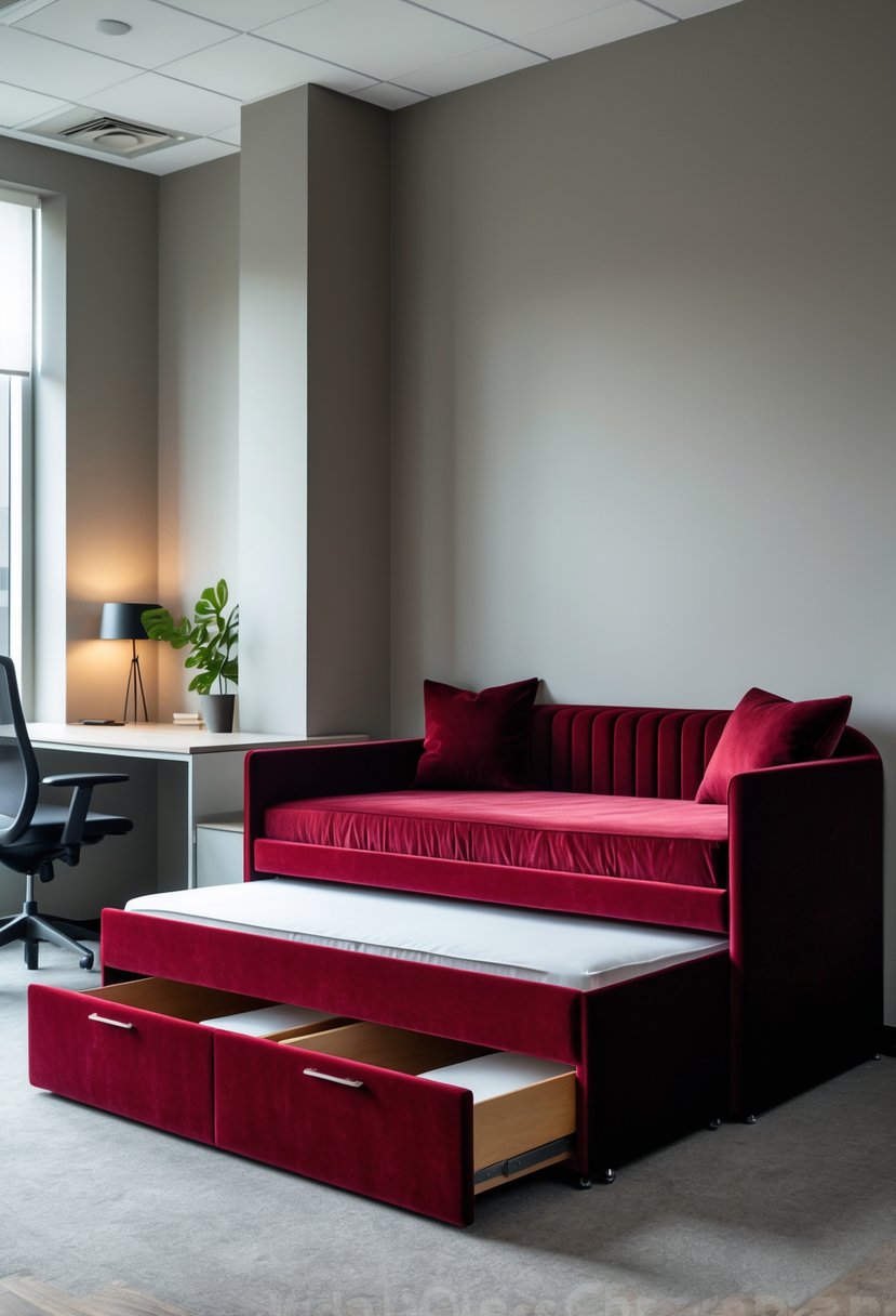 Office guest room with a velvet daybed featuring storage drawers, a desk, chair, and natural light.