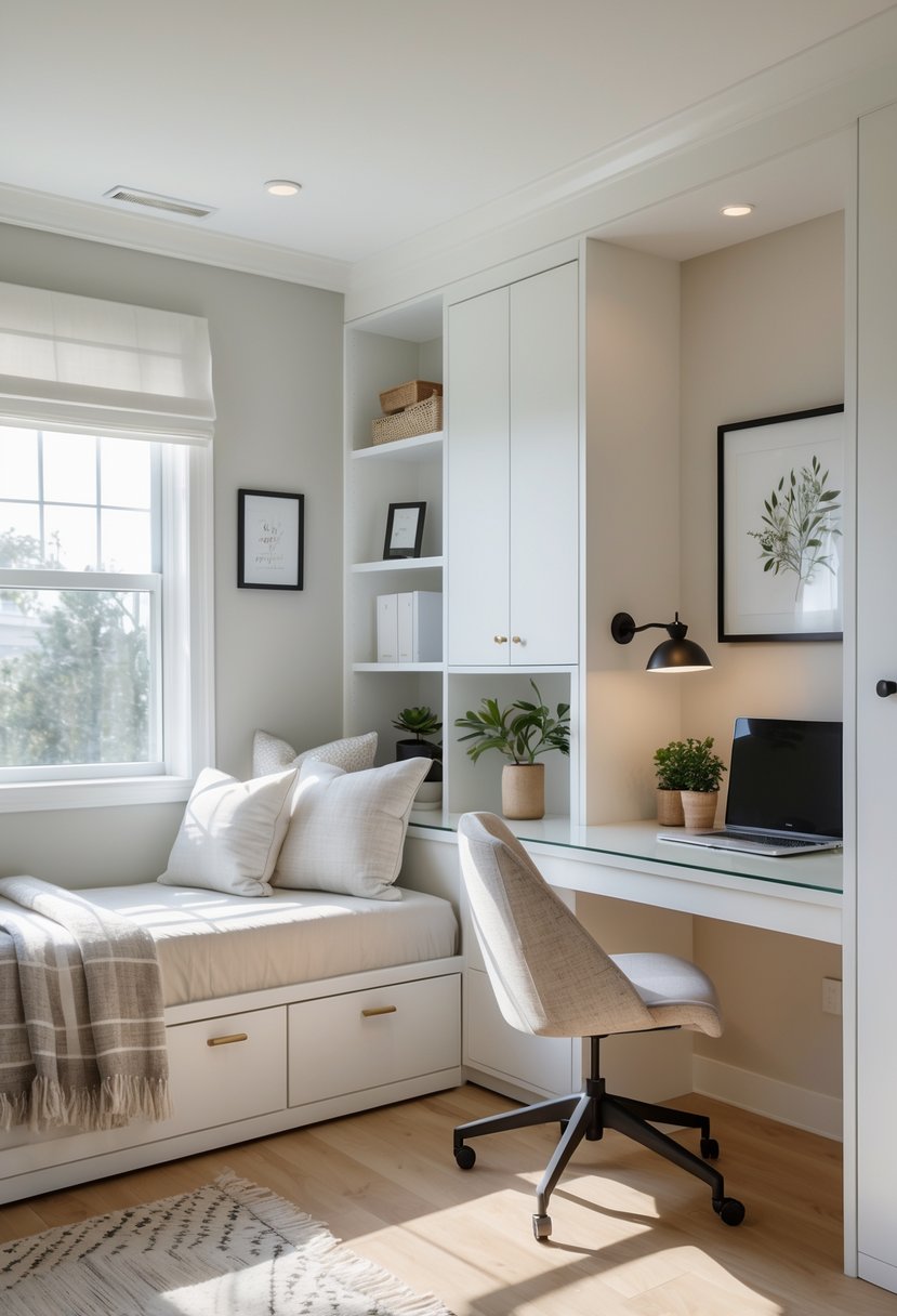 A home office guest room with a built-in desk next to a twin daybed, featuring a laptop, cushions, and natural light.