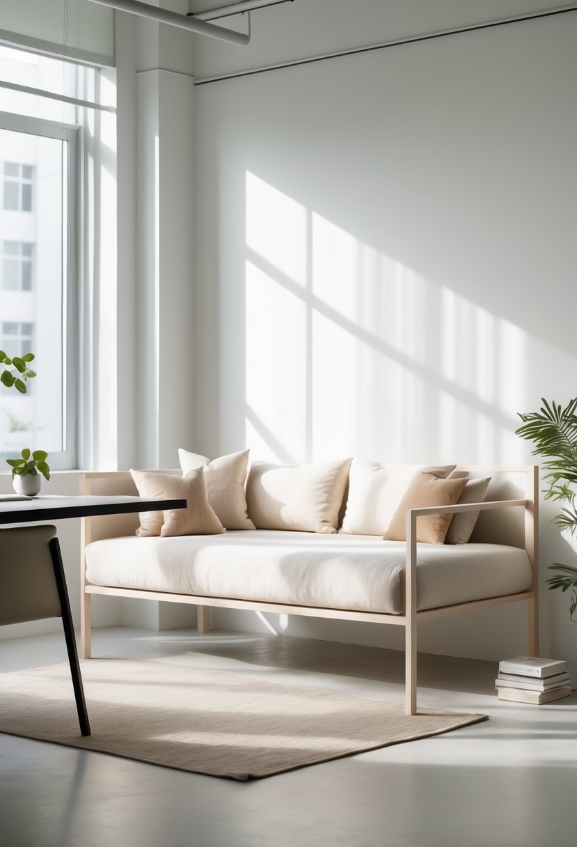 A neutral linen daybed with a minimalist frame in a bright office guest room with natural light and simple furnishings.