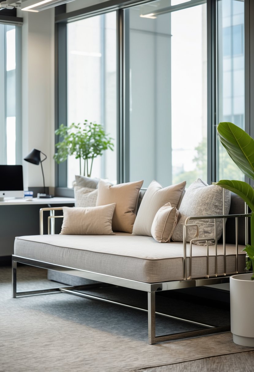 A daybed with metallic frame and plush cushions in an office guest room with a desk and plant nearby.